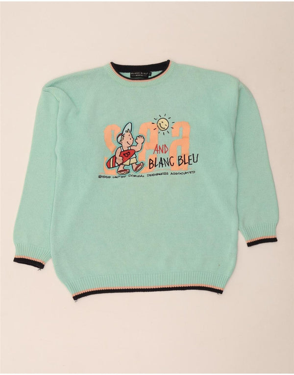 Blanc Bleu Mens Graphic Crew Neck Jumper Sweater Large Green Cotton Cartoon