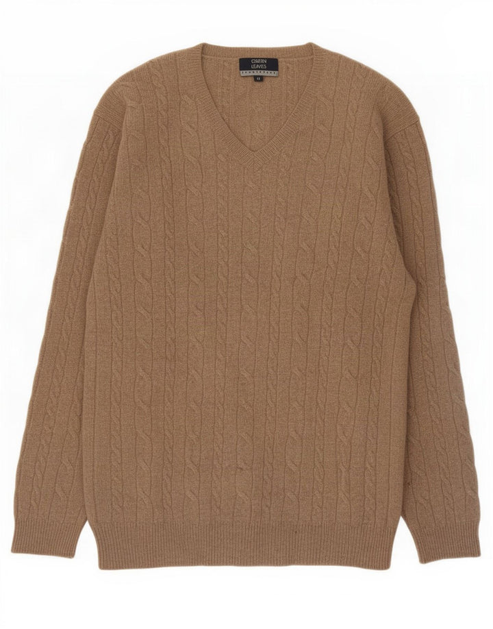 Green Leaves Mens V-Neck Jumper Sweater Medium Beige Wool