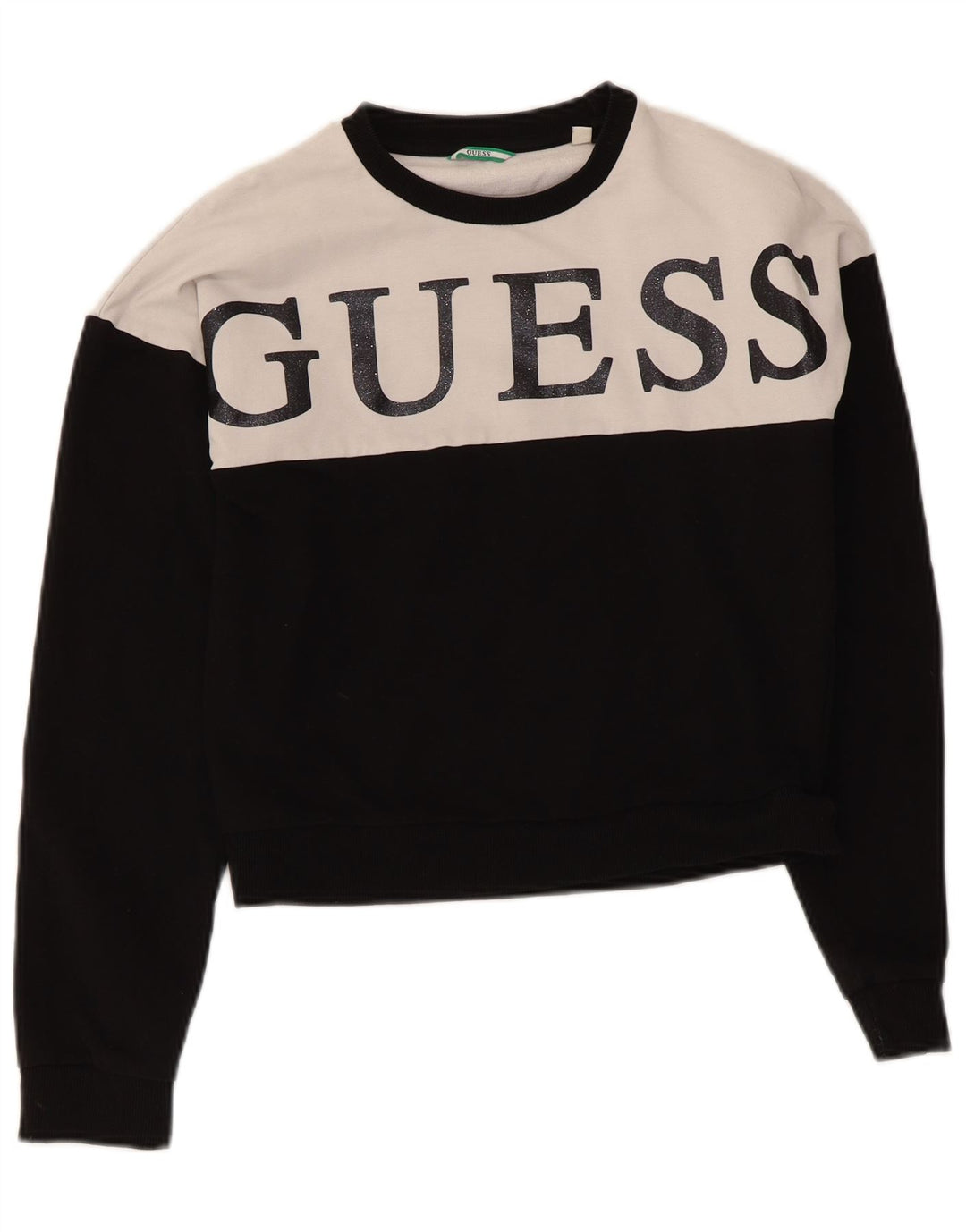 Guess Womens Crop Graphic Sweatshirt Jumper UK 14 Medium Black Colourblock