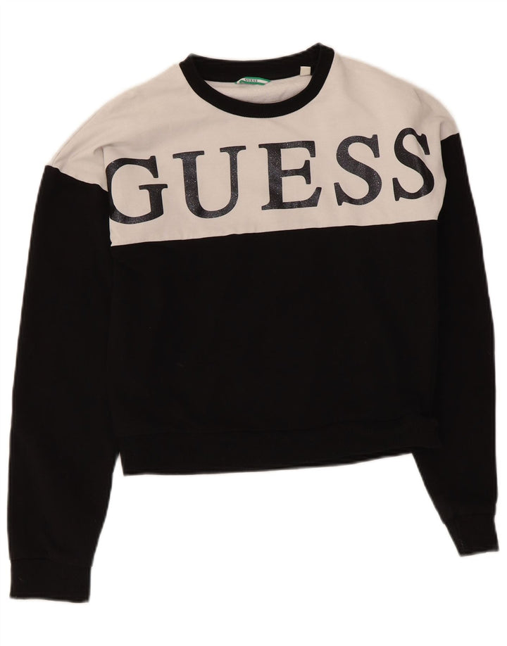 Guess Womens Crop Graphic Sweatshirt Jumper UK 14 Medium Black Colourblock