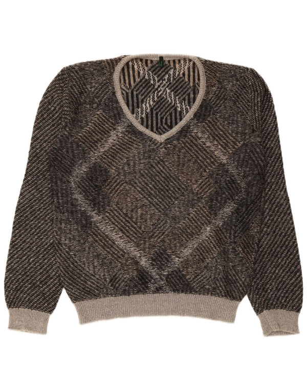 Benetton Mens V-Neck Jumper Sweater Large Brown Geometric Acrylic