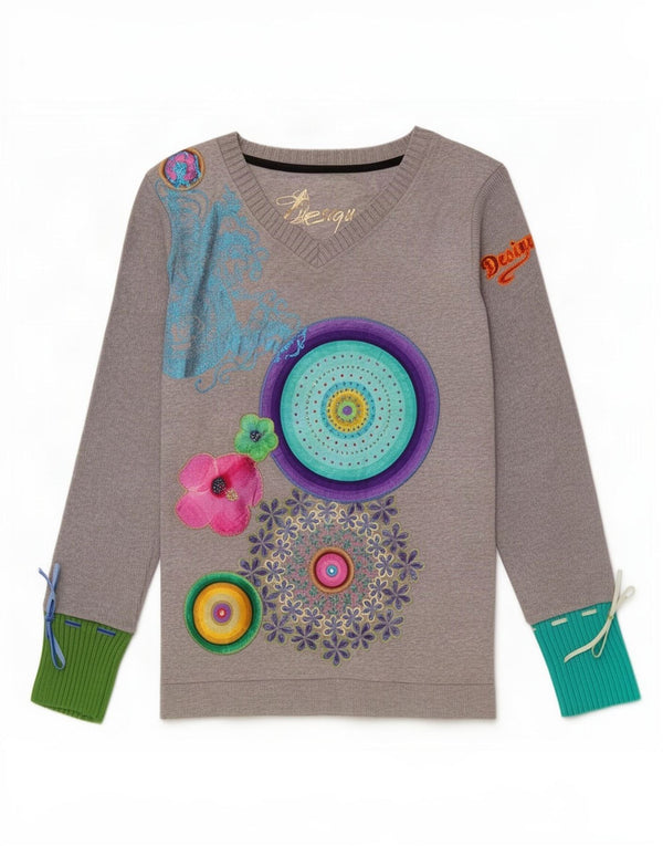 Desigual Donna Graphic Top Manica Lunga UK 14 Grande Cotone Floreale Grigio