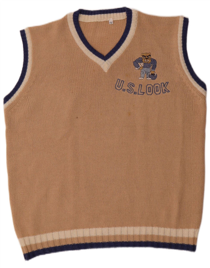 Vintage Mens Graphic Vest Tank Top Large Beige Acrylic