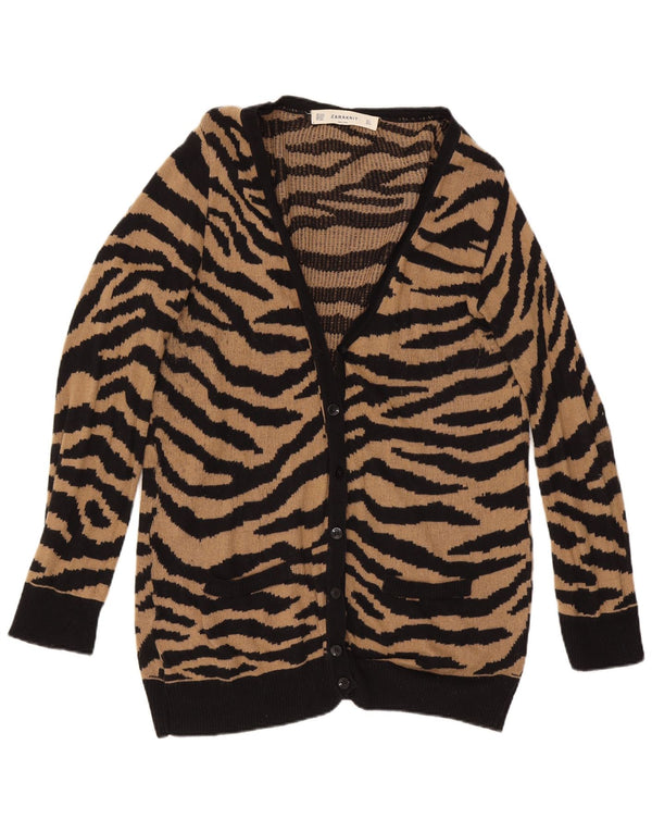 Zara Γυναικείο πουλόβερ ζακέτα Longline UK 16 Μεγάλο καφέ βαμβακερό τύπωμα ζώων