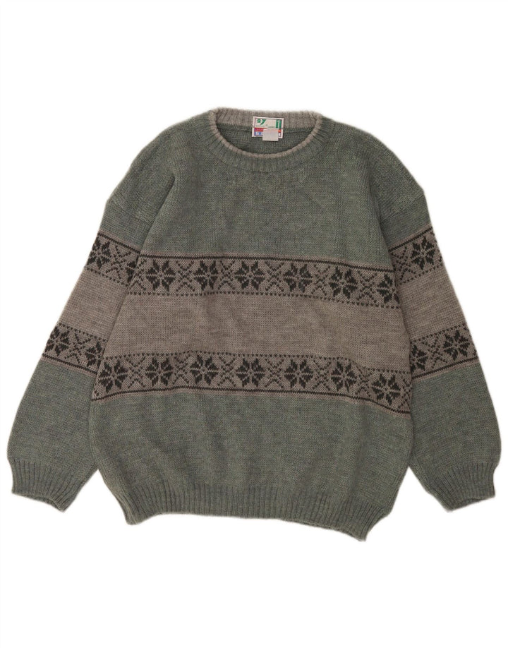 Bresci Mens Crew Neck Jumper Sweater Medium Green Fair Isle