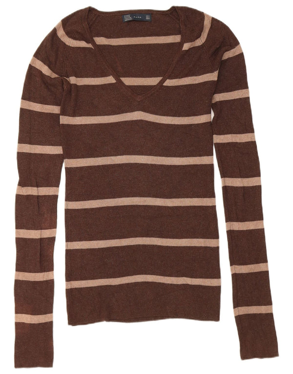 Maglione Zara da donna con scollo a V UK 10 piccolo rayon a righe marrone