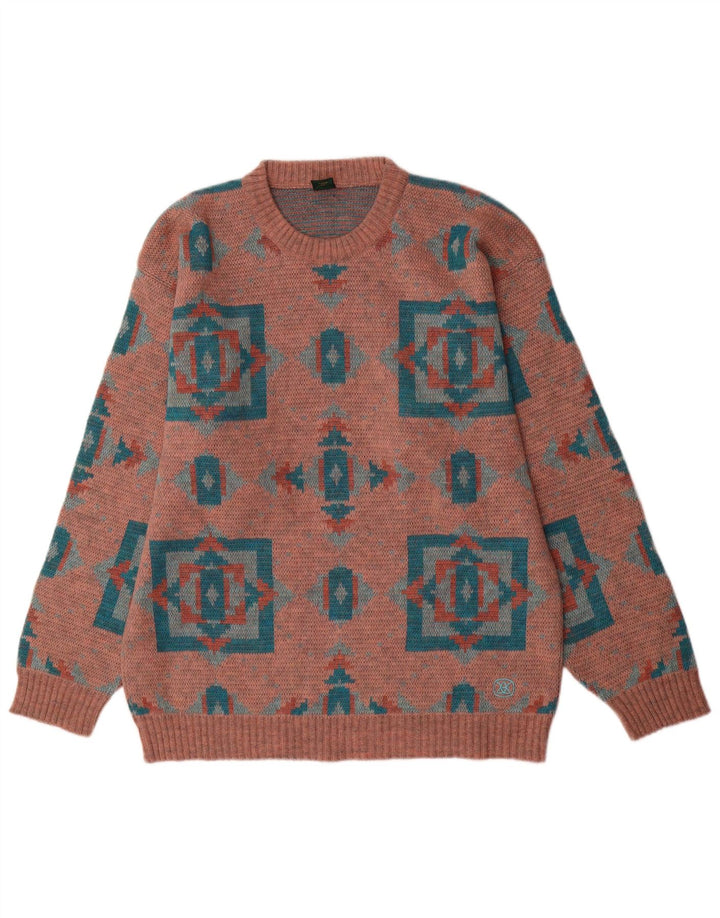 Vintage Mens Crew Neck Jumper Sweater Large Pink Geometric