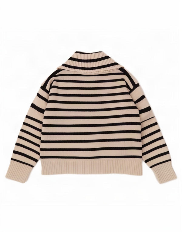 Zara Womens Zip Neck Jumper Sweater UK 16 Large Off White Striped Cotton