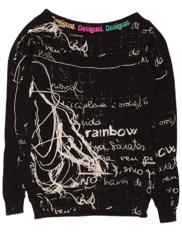 Desigual Womens Graphic Boat Neck Jumper Sweater UK 12 Medium Black Cotton