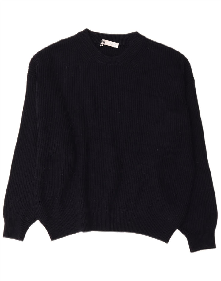 Zara Dame Oversized Crew Neck Jumper Sweater UK 18 XL Navy Blue Polyester