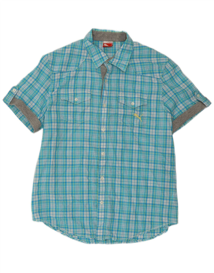 Puma Mens Short Sleeve Shirt Large Blue Check Cotton
