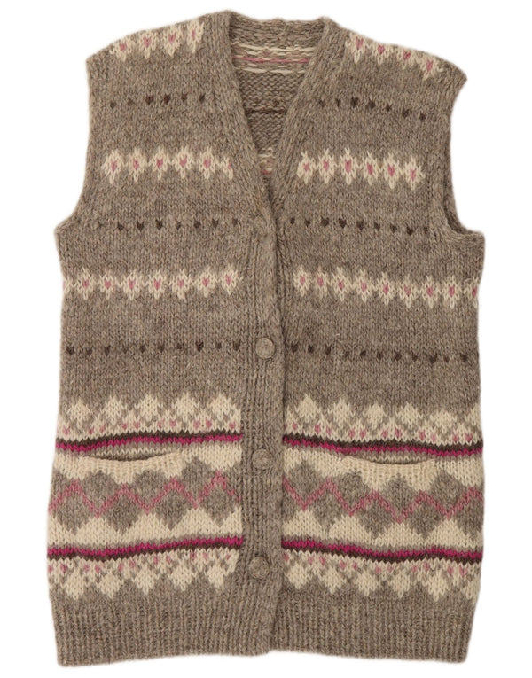 Vintage ženski dugi kardigan pulover UK 16 Large Beige Fair Isle