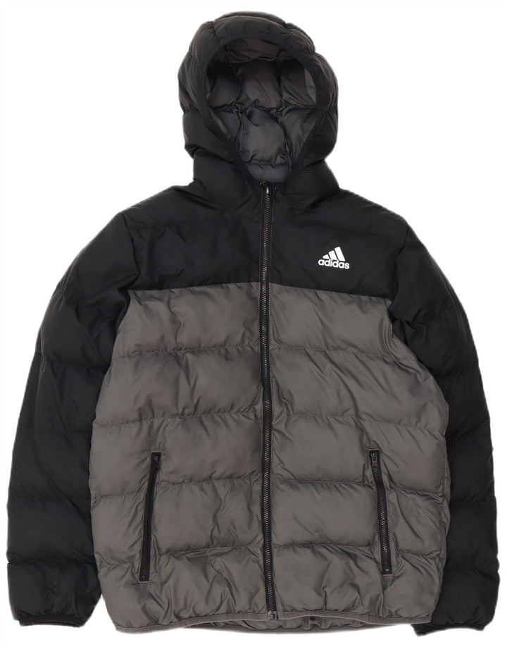 Adidas Boys Hooded Padded Jacket 13-14 Years Grey Colourblock