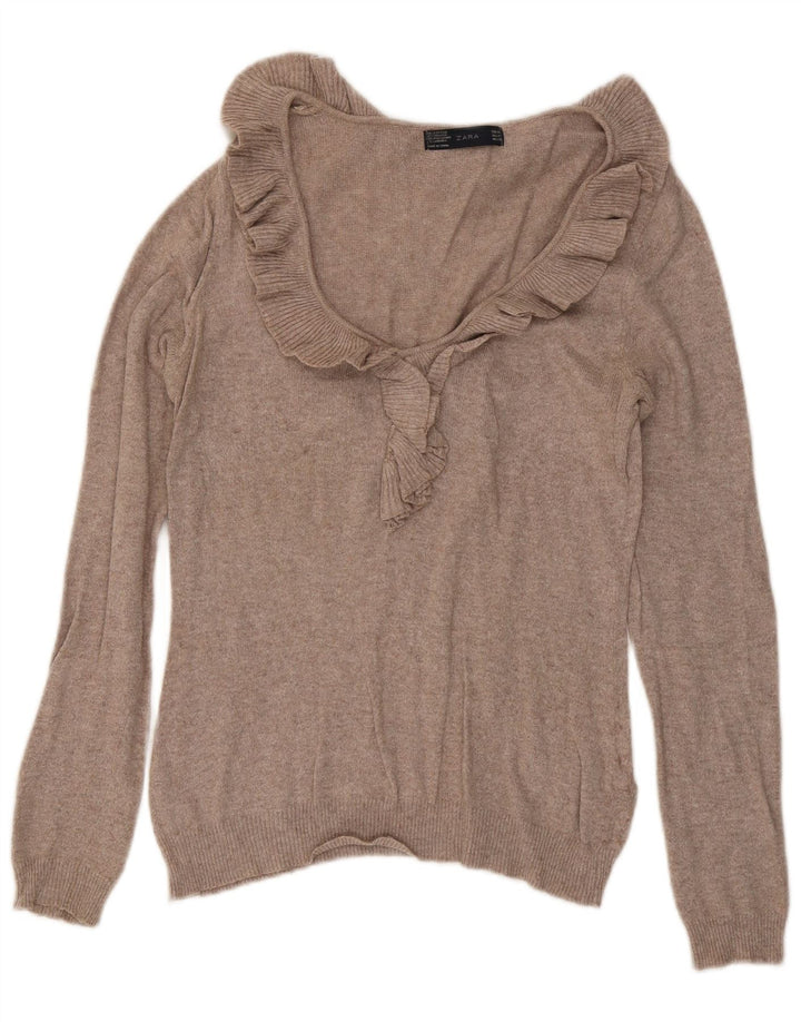 Zara Womens Ruffle Front V-Neck Jumper Sweater UK 12 Medium Beige Flecked