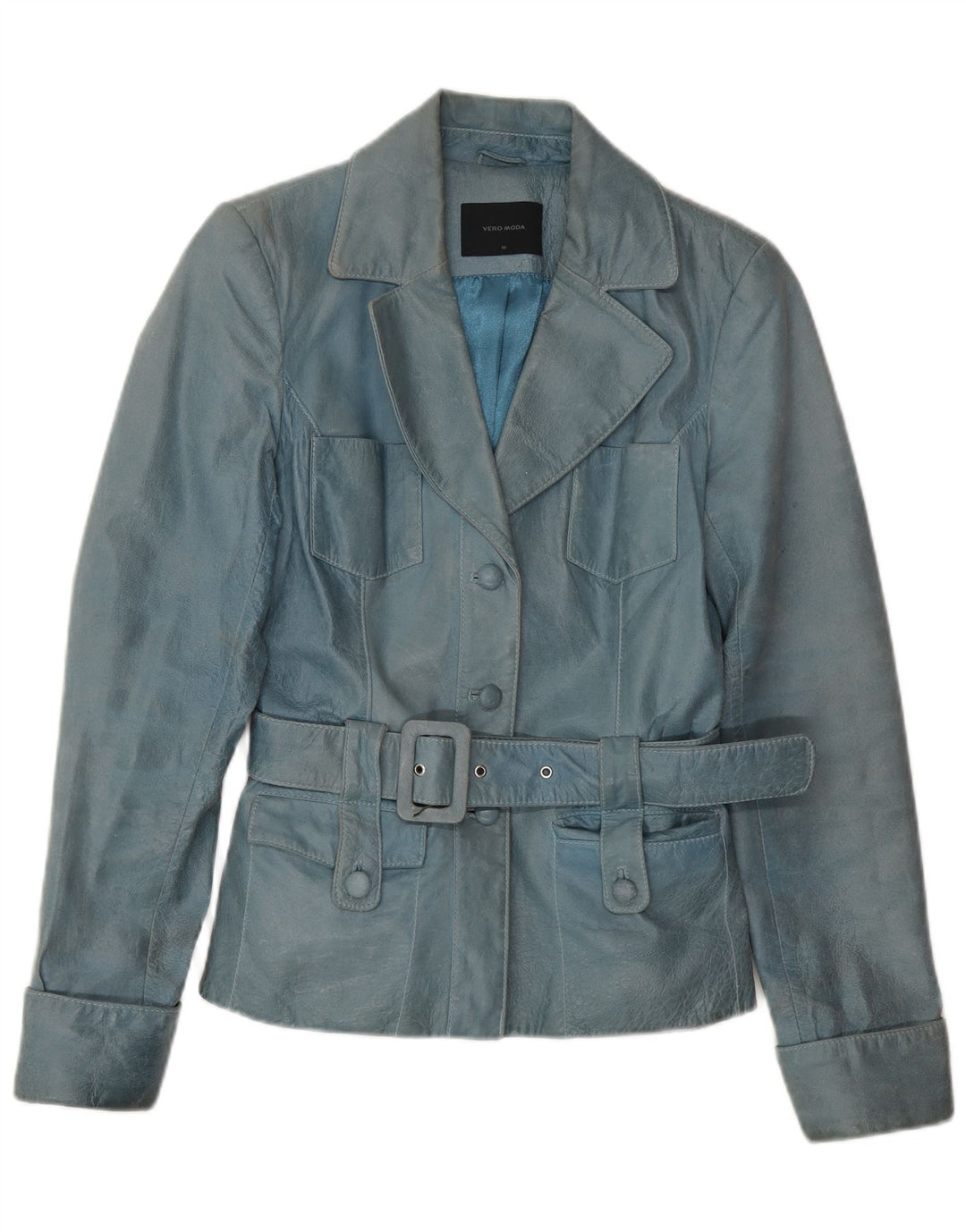 VINTAGE Womens Leather Jacket UK 12 Medium Blue