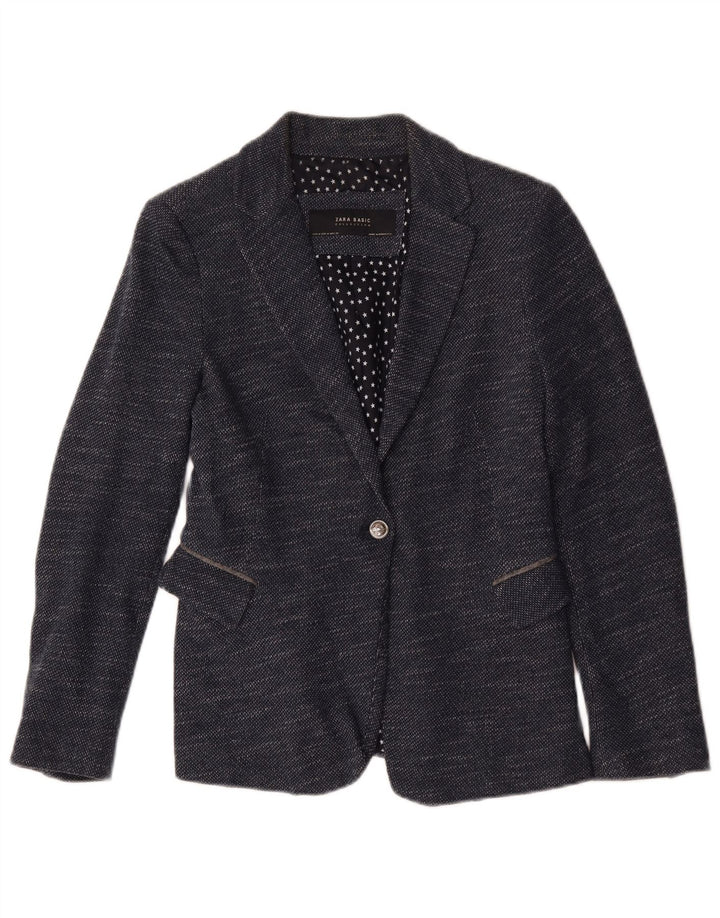 Zara Womens 1 Button Blazer Jacket UK 12 Medium Navy Blue Flecked