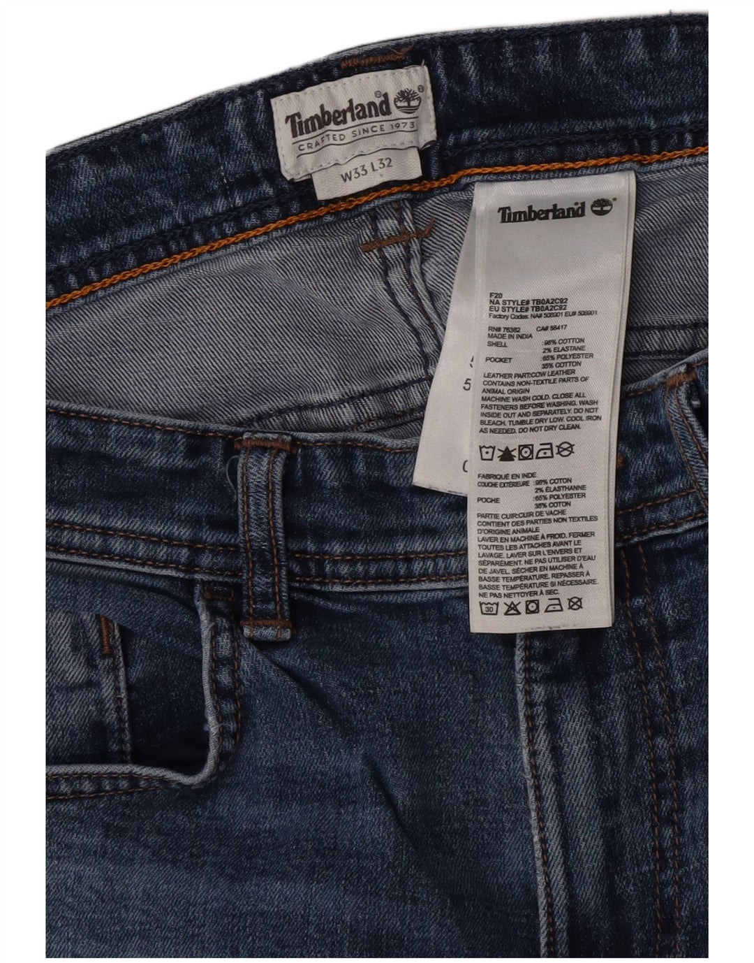 Timberland Mens Slim Jeans W33 L32 Blue Cotton