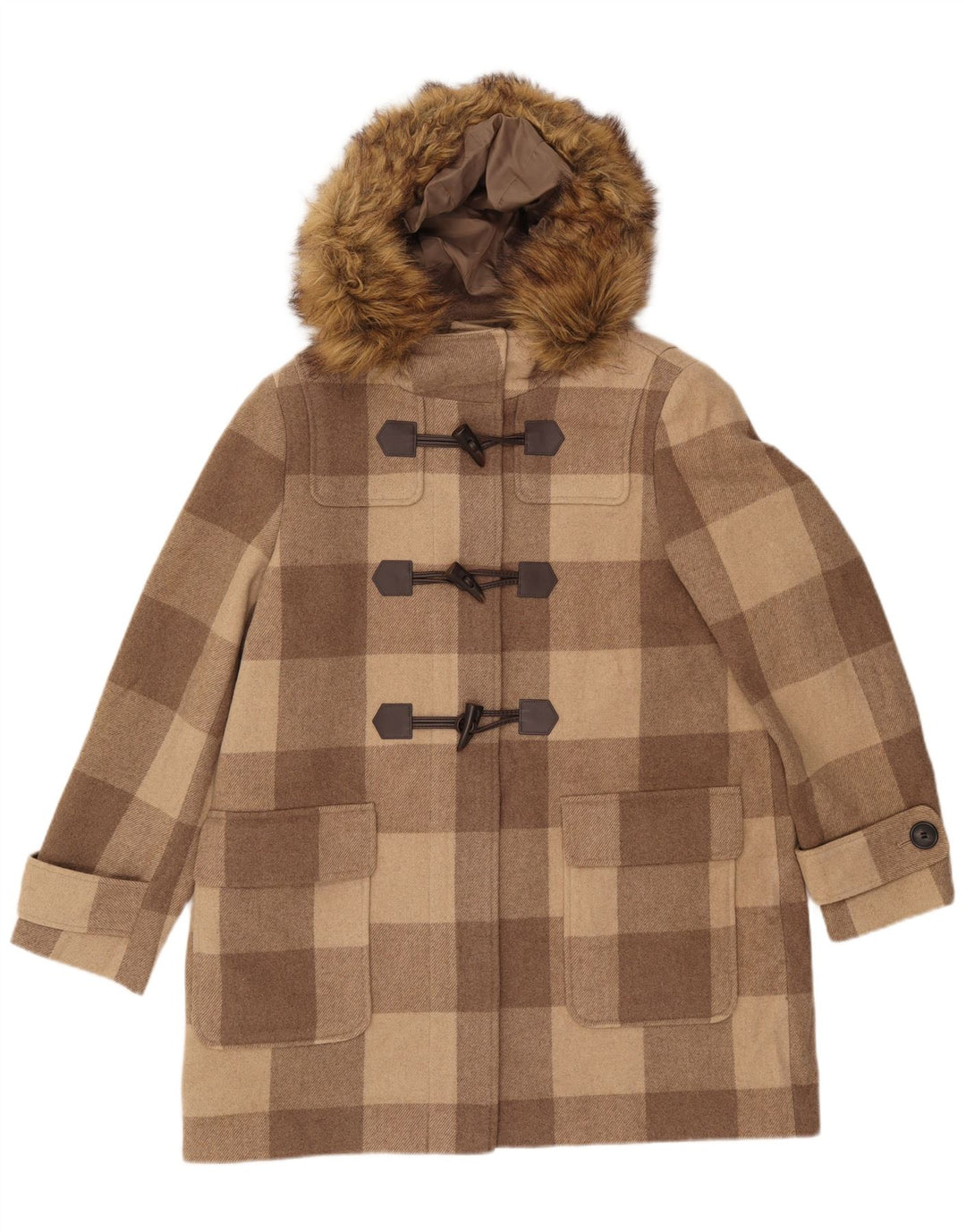 MARKS & SPENCER Duffle Coat med hætte til kvinder UK 16 Stor brun ternet