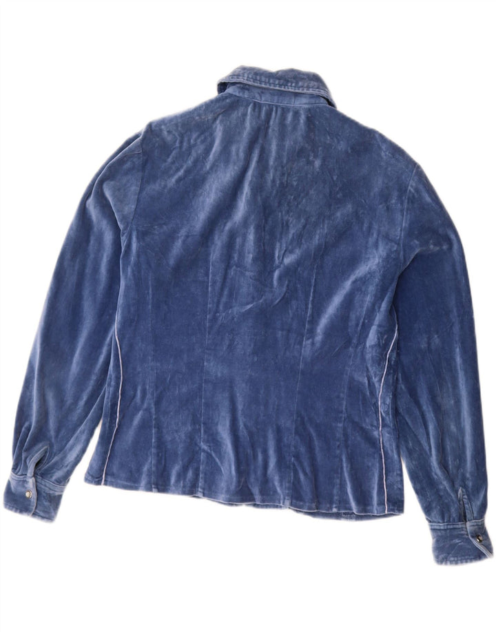 VINTAGE Dame Velvet Shirt UK 14 Medium Blue