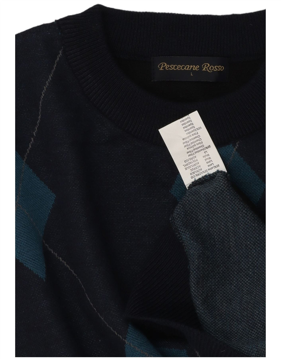Vintage Mens Crew Neck Jumper Sweater Large Navy Blue Argyle/Diamond Wool