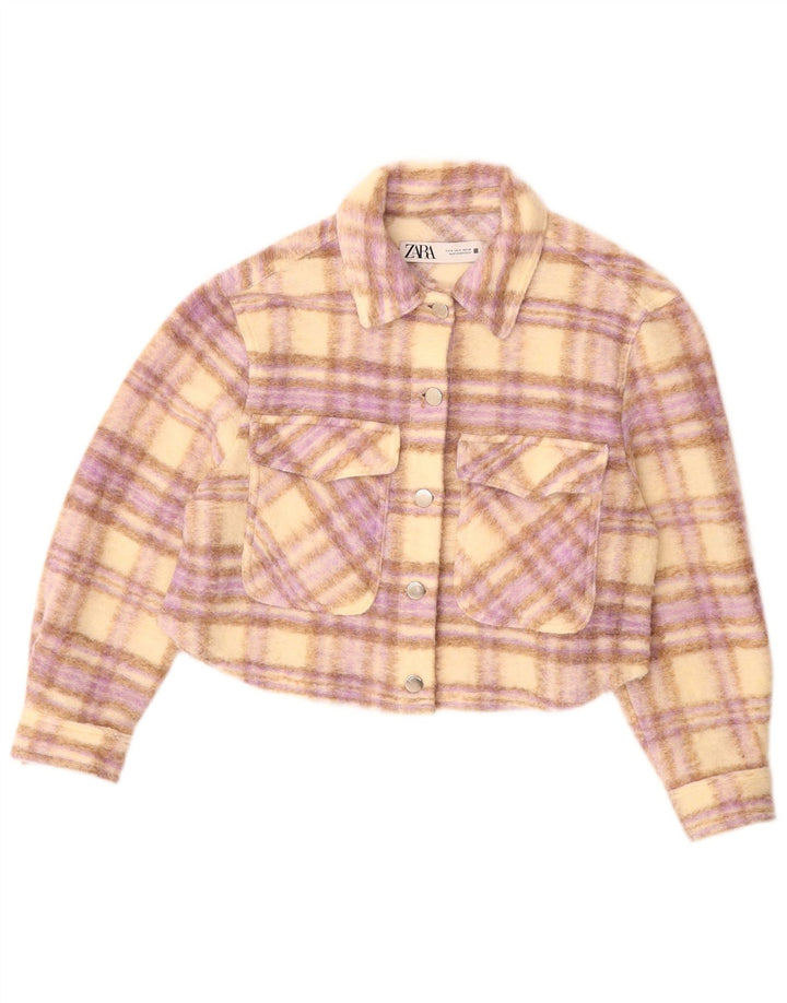 ZARA Womens Oversized Crop Bomber Jacket UK 10 Small Beige Check Polyester