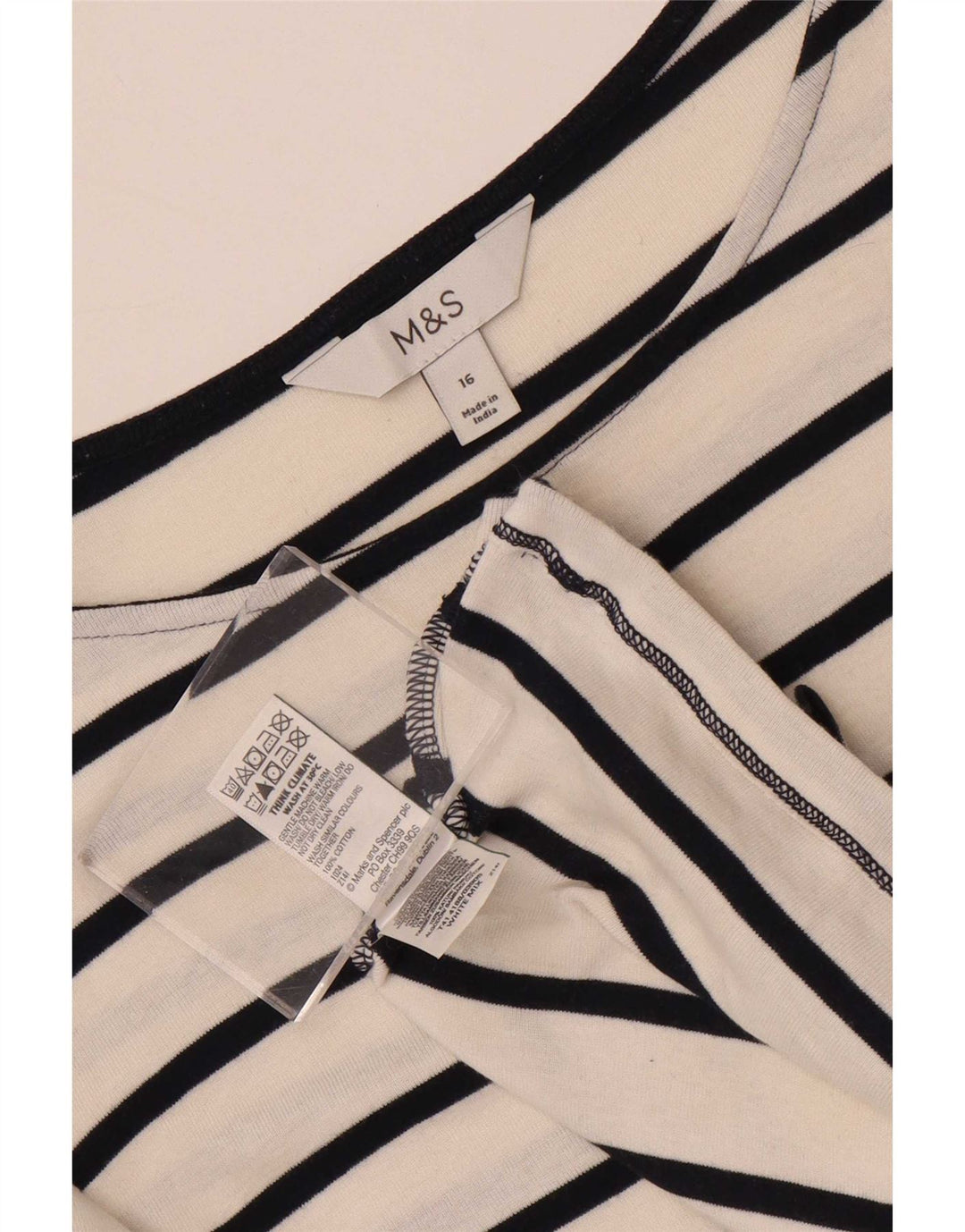Marks & Spencer Womens Top 3/4 Sleeve UK 16 Large White Striped Cotton