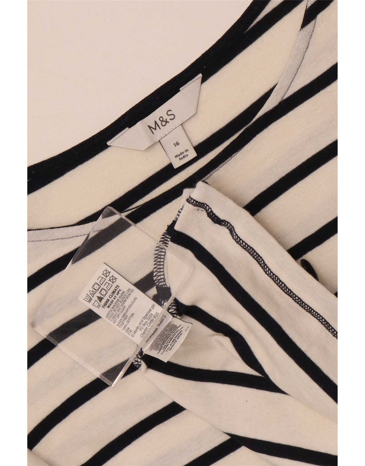 Marks & Spencer Womens Top 3/4 Sleeve UK 16 Large White Striped Cotton