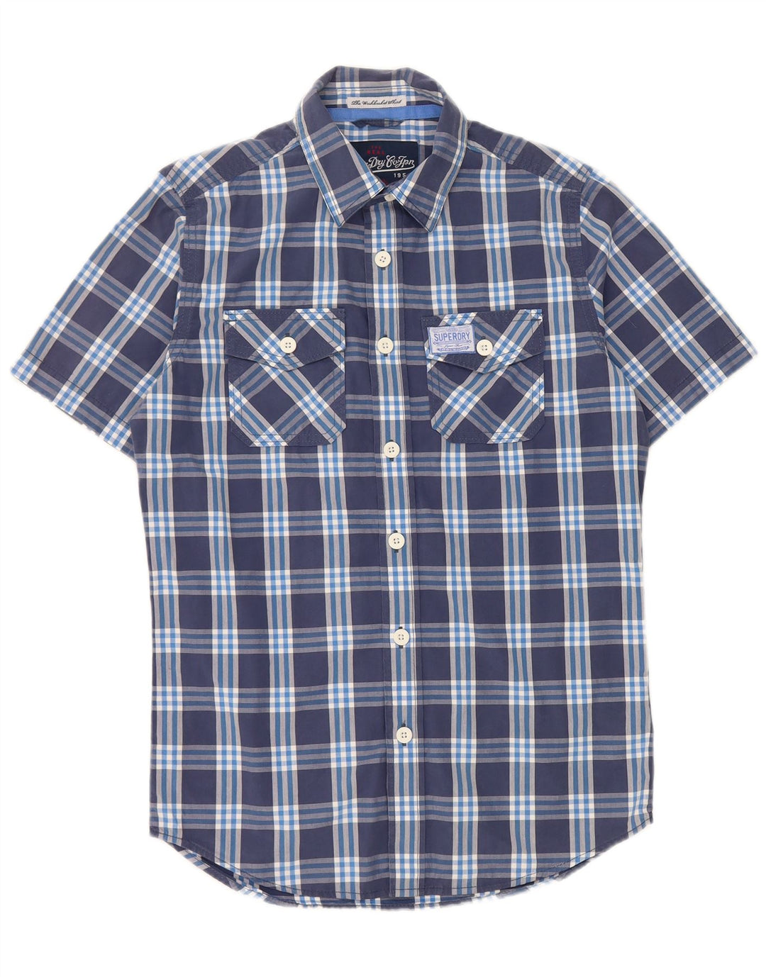 SUPERDRY Mens Short Sleeve Shirt Small Navy Blue Check Cotton