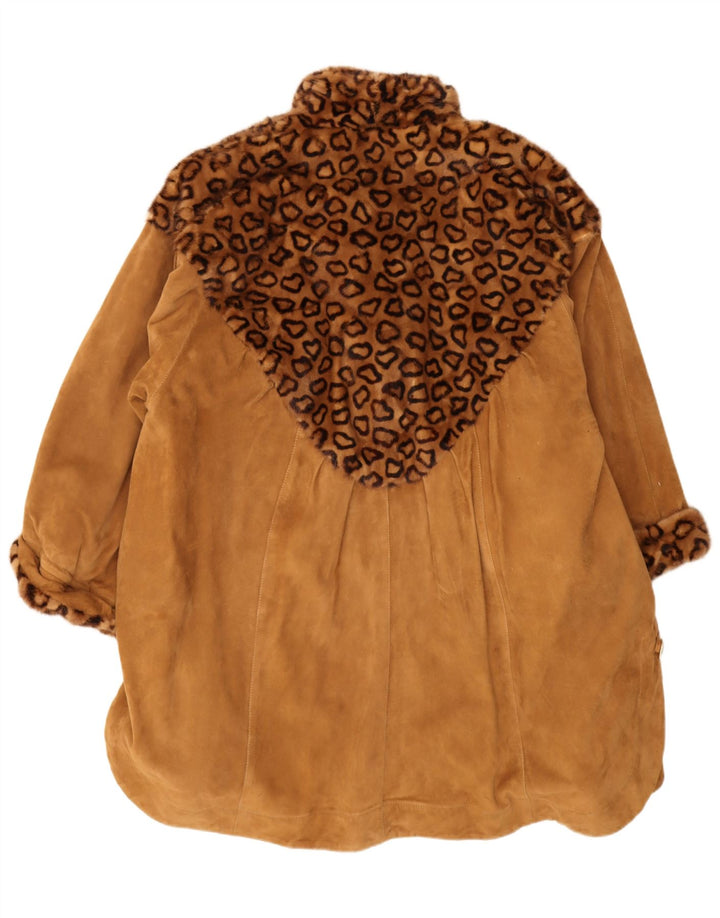 Vintage Womens Oversized Suede Overcoat IT 44 Medium Brown Animal Print