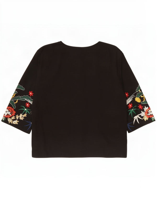 vintage Femmes Graphique Cardigan Top UK 14 Grand Oiseau Floral Noir