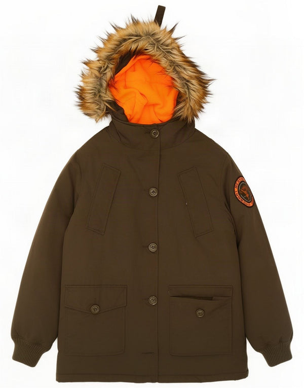 Superdry Womens Hooded Parka Jacket UK 14 Medium Khaki Nylon