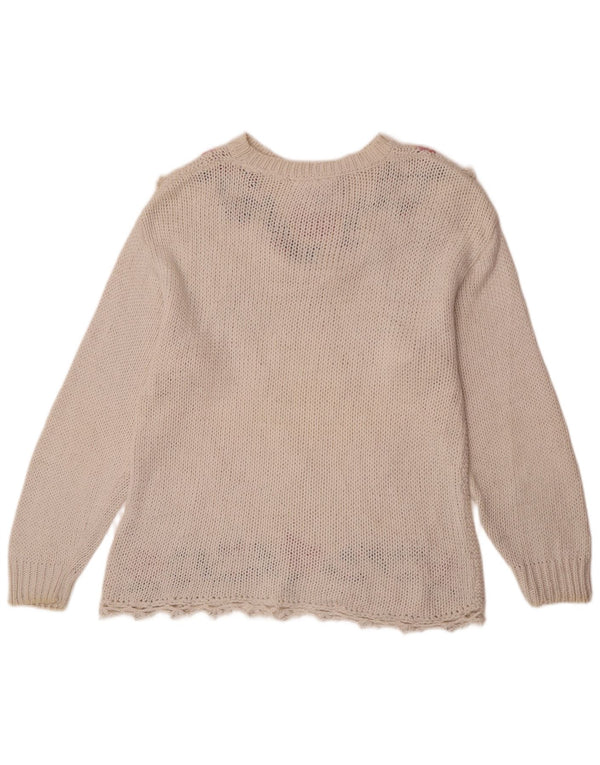 Vintage Damen-Pullover mit Rundhalsausschnitt, UK 14, mittelweiß, florales Ramie