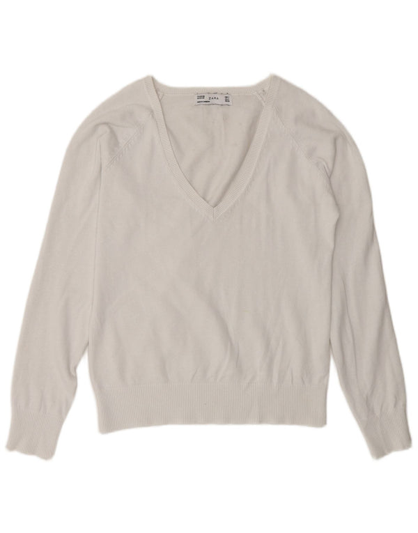 Zara Pull col V pour femme UK 10 Petit Blanc