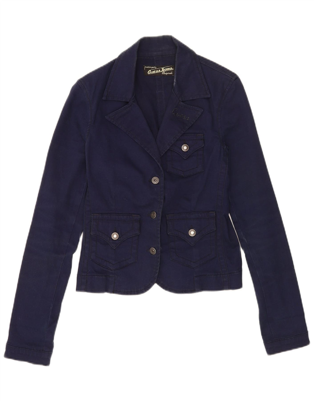 Guess Womens 3 Button Blazer Jacket UK 10 Small Navy Blue Cotton