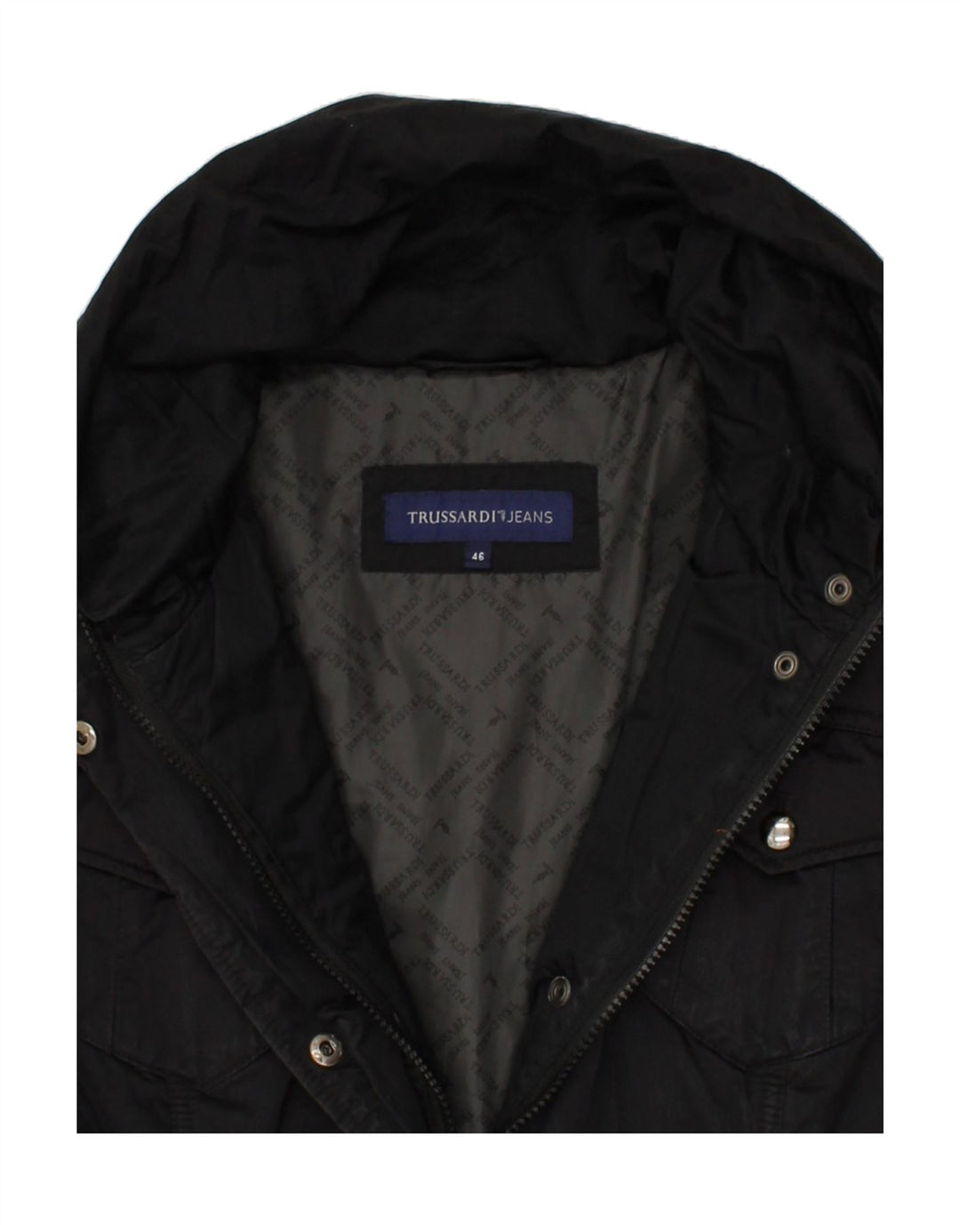 TRUSSARDI JEANS Womens Padded Coat IT 46 Large Black Polyester | Vintage Trussardi Jeans | Thrift | Second-Hand Trussardi Jeans | Used Clothing | Messina Hembry 