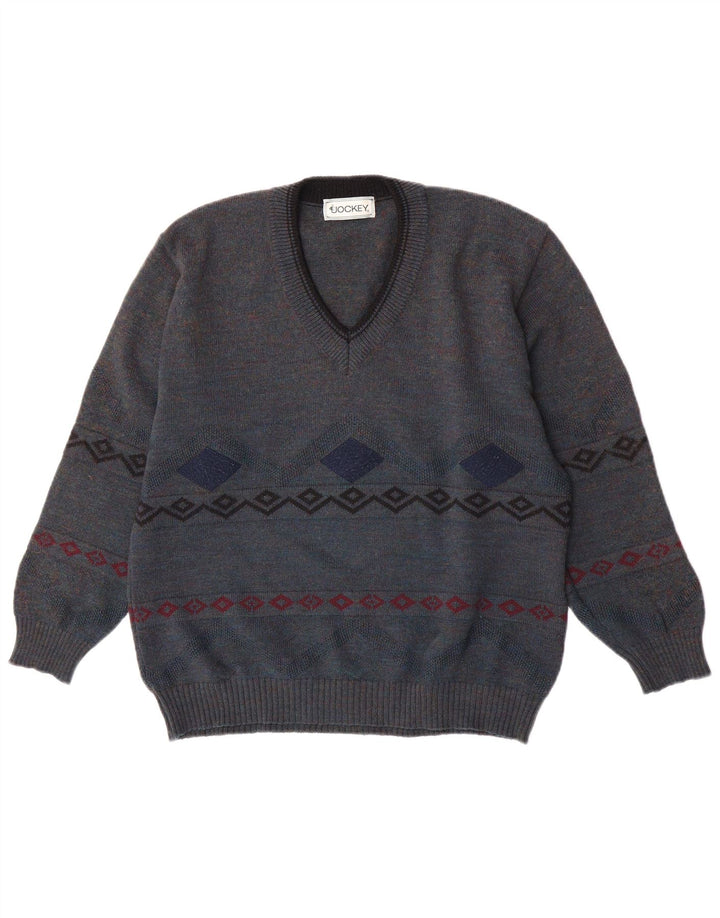 Jockey Mens V-Neck Jumper Sweater IT 50 Medium Blue Geometric