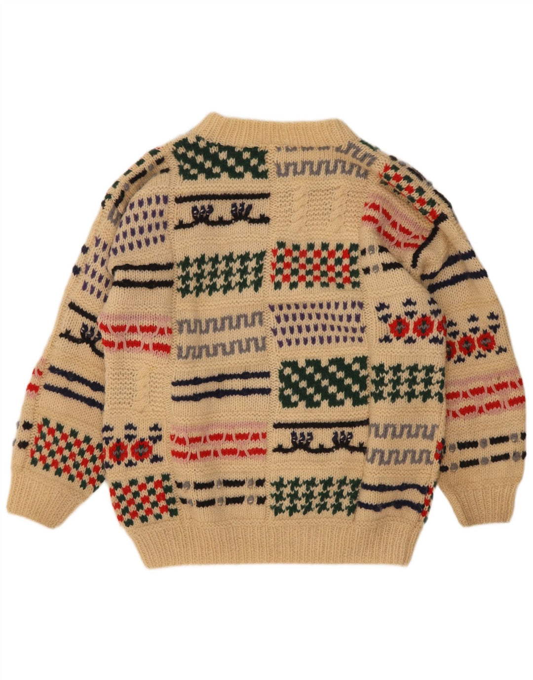 Vintage męski sweter z okrągłym dekoltem, średnio beżowy, patchworkowy wełniany