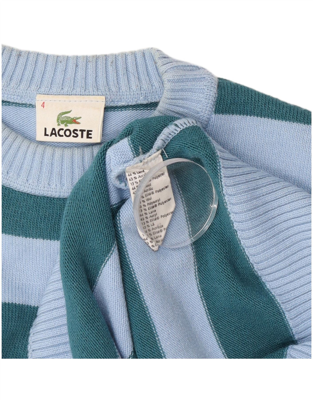 Lacoste Mens Crew Neck Jumper Sweater Size 4 Medium Blue Striped Wool
