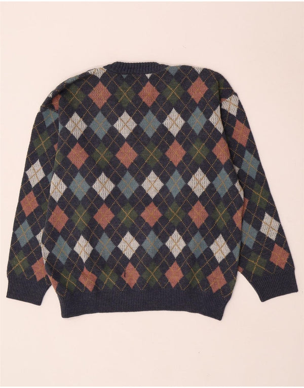 Vintage męski sweter z dekoltem w szpic, duży granatowy Argyle/diamentowa wełna