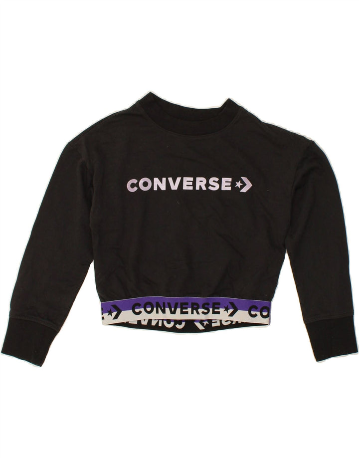 CONVERSE Girls Crop Graphic Sweatshirt Jumper 8-9 Years Small  Black Vintage Converse and Second-Hand Converse from Messina Hembry 