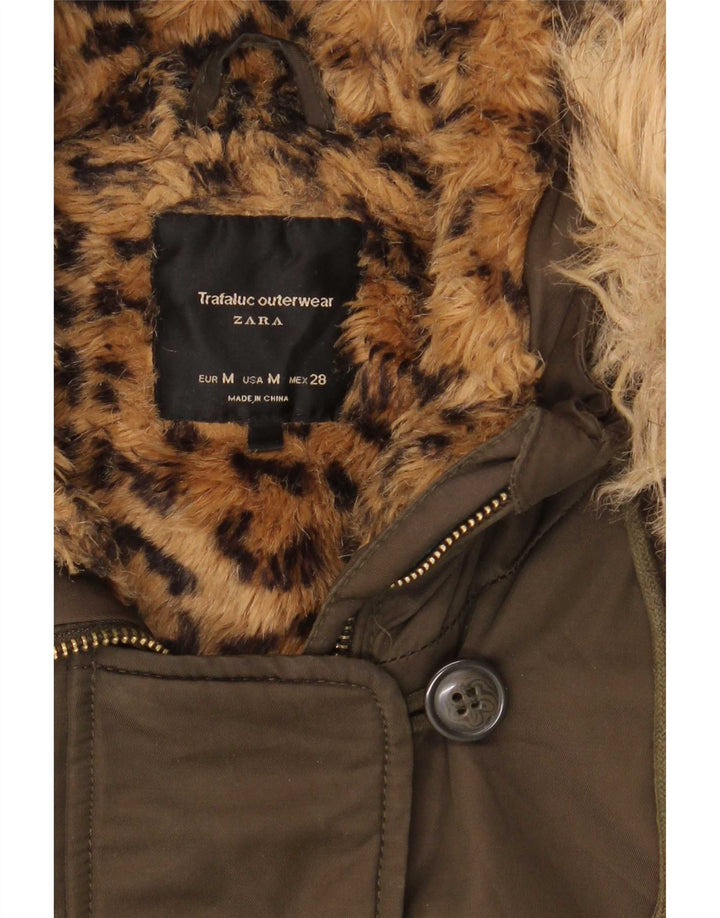 Zara Womens Hooded Sherpa Parka Jacket UK 14 Medium Khaki