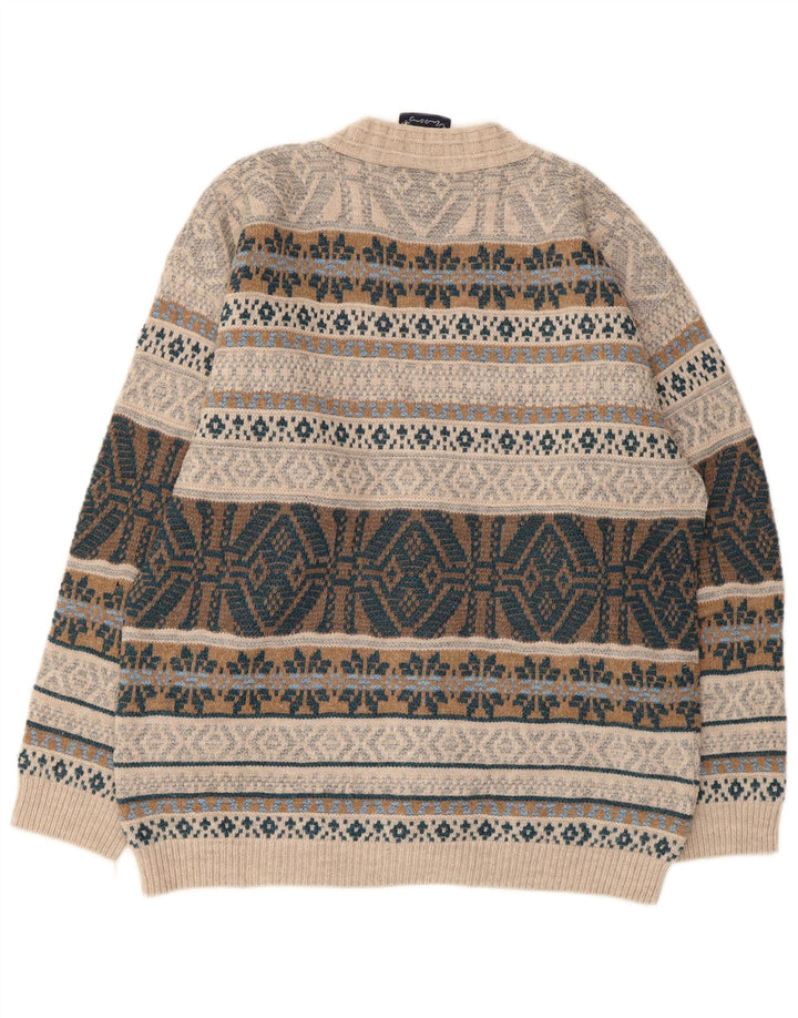 North Pole Mens Cardigan Sweater Large Beige Fair Isle Wool
