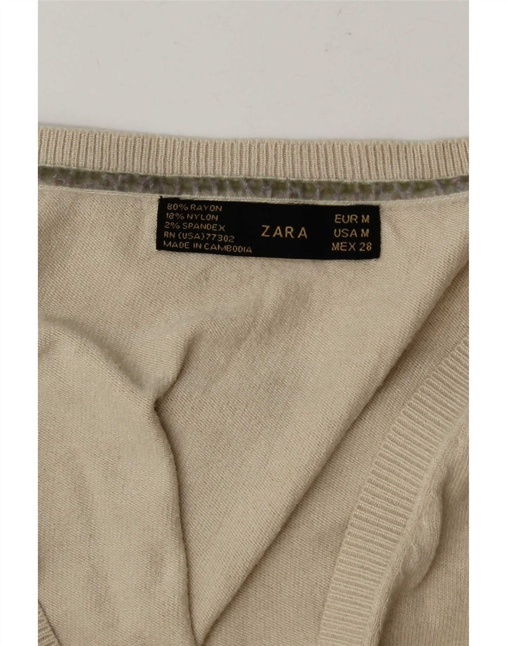 Zara Womens V-Neck Jumper Sweater UK 14 Medium Beige Rayon