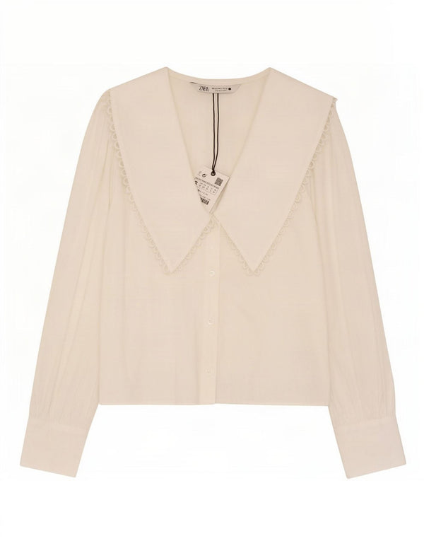 Zara Blusa Camisa Mujer UK 10 Small Algodón Blanco