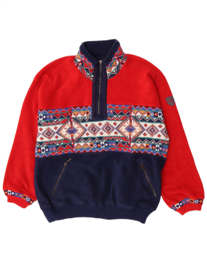 Silvy Mens Zip Neck Fleece Jumper Large Red Geometric Polyester
