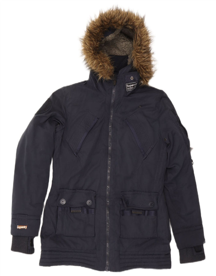 SUPERDRY vindjakke med hætte til kvinder UK 14 Mellem marineblå polyester