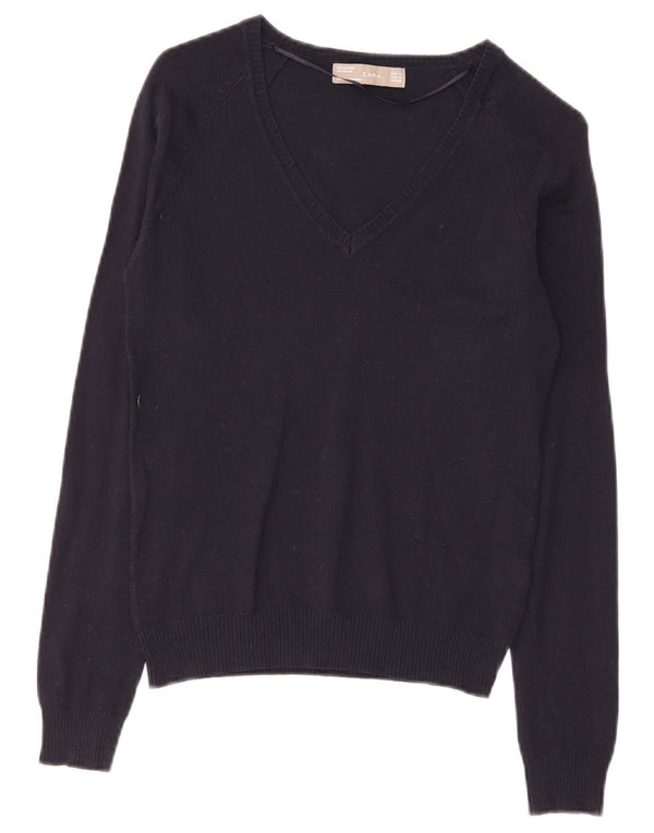 Zara Womens V-Neck Jumper Sweater UK 12 Medium Navy Blue Cotton