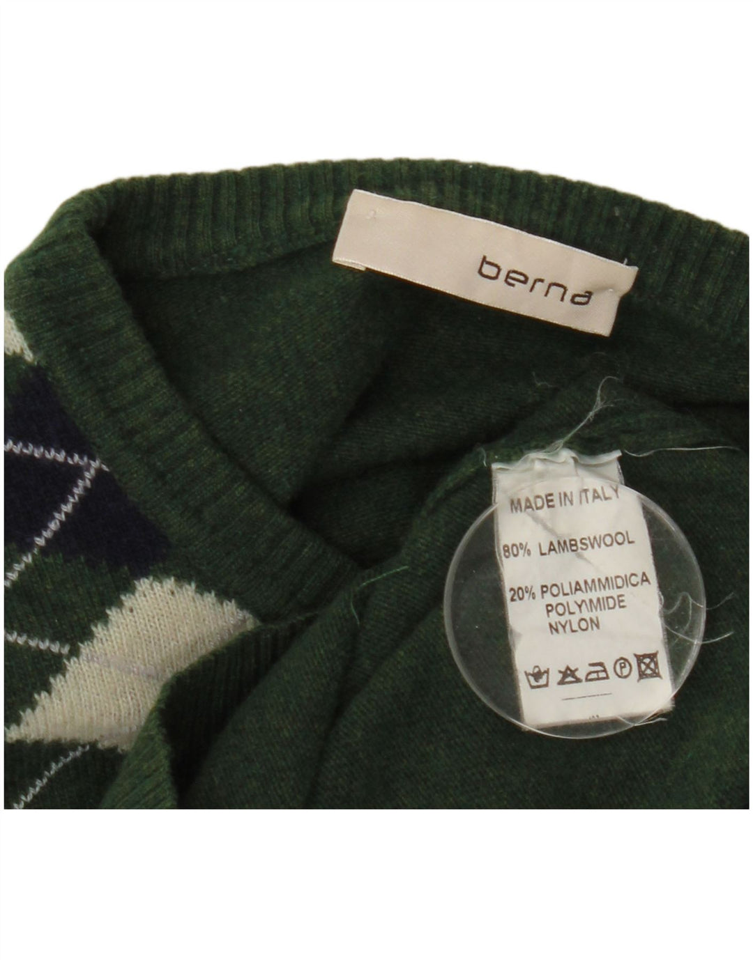 Berna Mens Boat Neck Jumper Sweater Medium Green Argyle/Diamond Wool