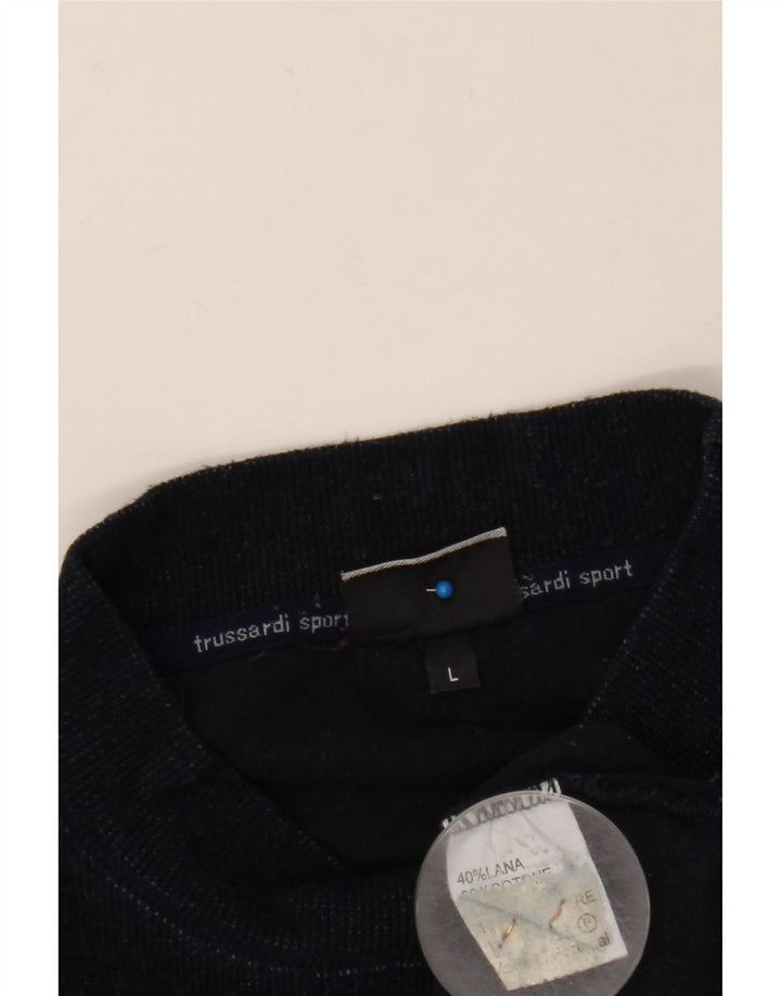 TRUSSARDI Mens Graphic Turtle Neck Jumper Sweater Large Navy Blue Wool
