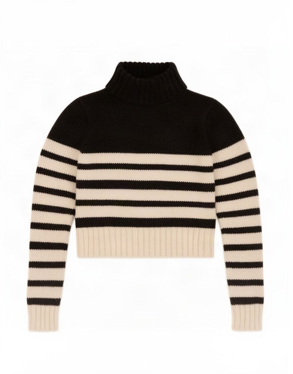 Zara Női Crop Roll Neck Pulóver UK 16 Nagy fekete csíkos akril
